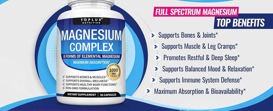 Nutrition Magnesium Complex 1000Mg Elemental 9-In-1 High Absorption Blend W Glycinate Citrate Malate 90 Vegan Capsules for Bone Muscle Health Supplement - Healthcare