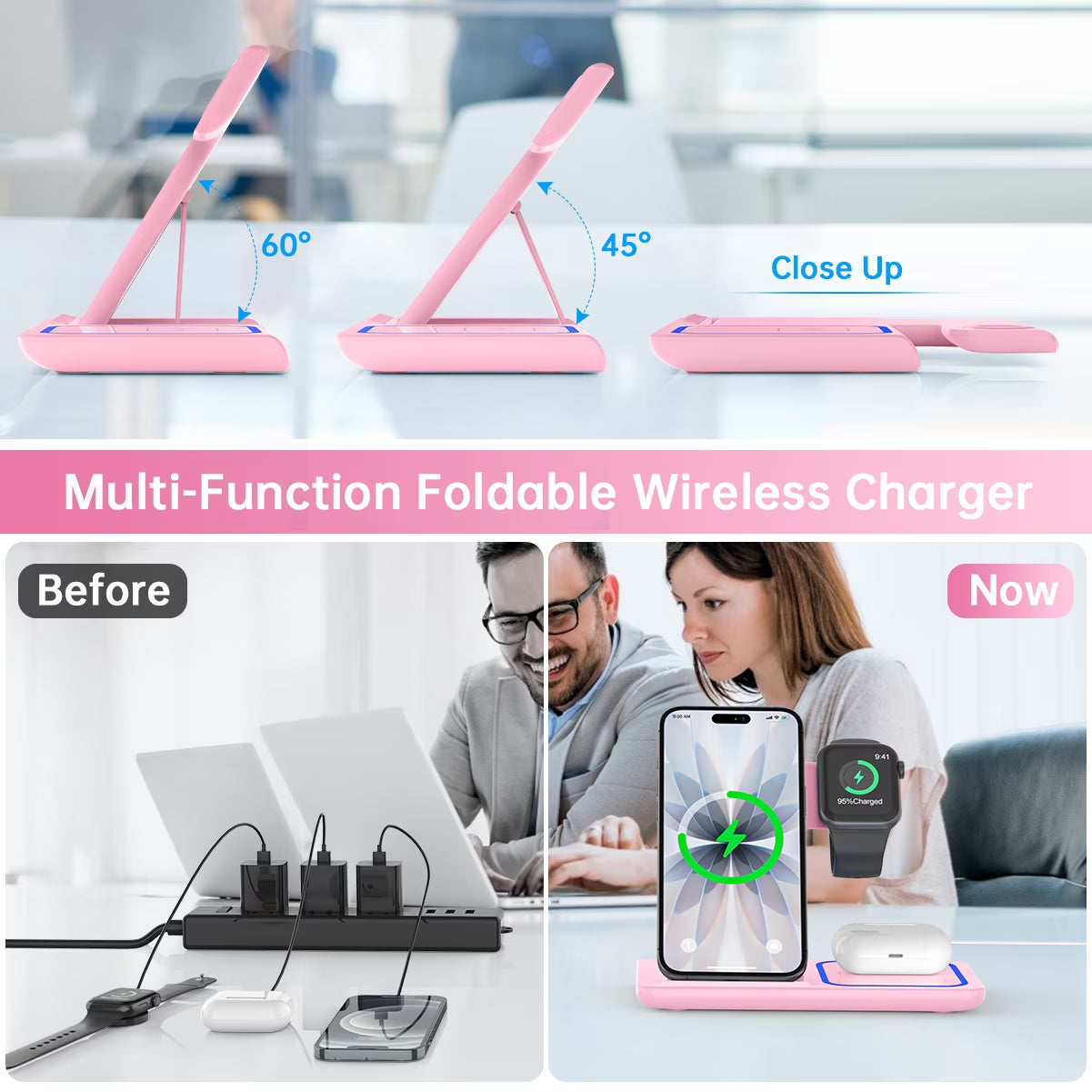Wireless Charger, 18W 3 in 1 Wireless Charging Station for Iphone 17 16E 15 14 13 12 Pro, Fast Charger Stand for Iwatch SE 9-11 6-8 2-5, Airpods 4/3/2/Pro, Samsung Galaxy Seires (Pink)