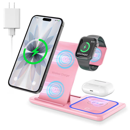 Wireless Charger, 18W 3 in 1 Wireless Charging Station for Iphone 17 16E 15 14 13 12 Pro, Fast Charger Stand for Iwatch SE 9-11 6-8 2-5, Airpods 4/3/2/Pro, Samsung Galaxy Seires (Pink)