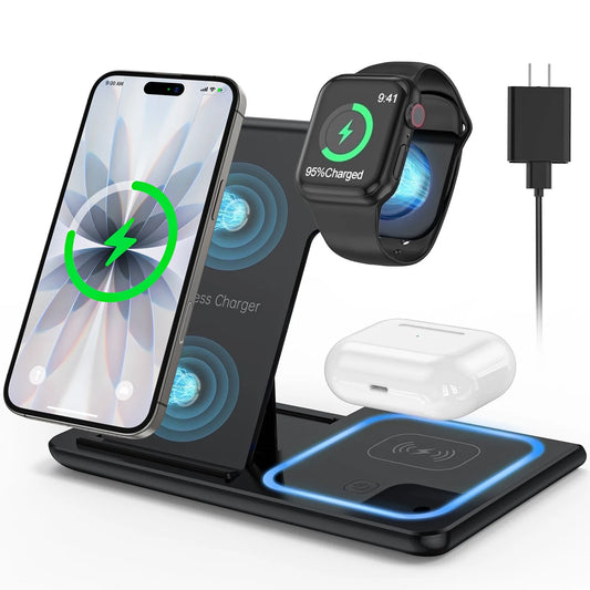 Wireless Charger, 18W Fast Iphone Charging Station Compatible for Iphone 17/16/15/14/13/12/11/Pro Max/Plus, 3 in 1 Wireless Charger Stand for Iwatch SE 11/10/9/8/7/6/5/4, Airpods Pro 2/3/4