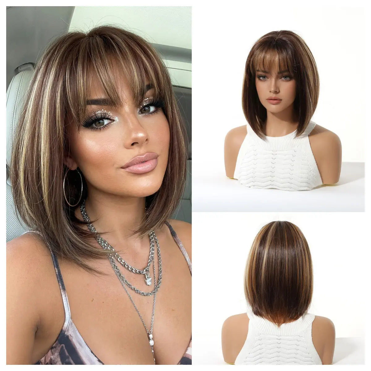 Natural Ombre Brown Highlight Bob Wig with Air Bangs Short Straight Synthetic Full Head Wig for Stylish Looks Tiktokshopspringglowup,Summervibes