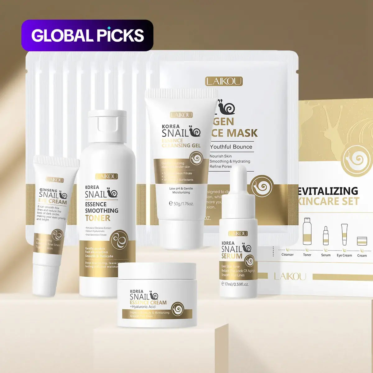 Snail Collagen Skin Care Kit, 1 Set Facial Cleanser, Toner, Serum, Eye Cream, Essence Cream and Mask, Moisturizing Hydrating Moisturize Hydrate Skin Care Set for Women