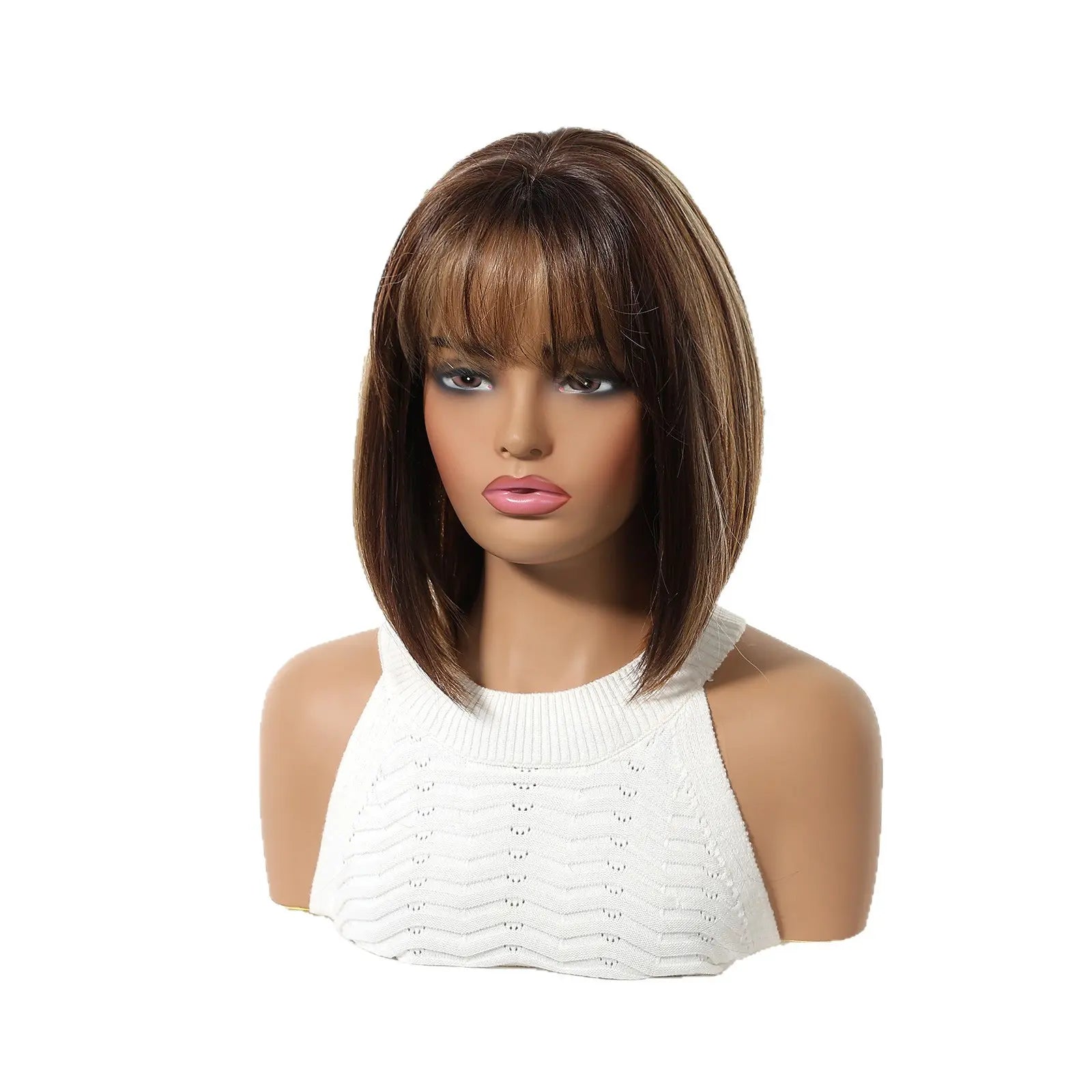 Natural Ombre Brown Highlight Bob Wig with Air Bangs Short Straight Synthetic Full Head Wig for Stylish Looks Tiktokshopspringglowup,Summervibes