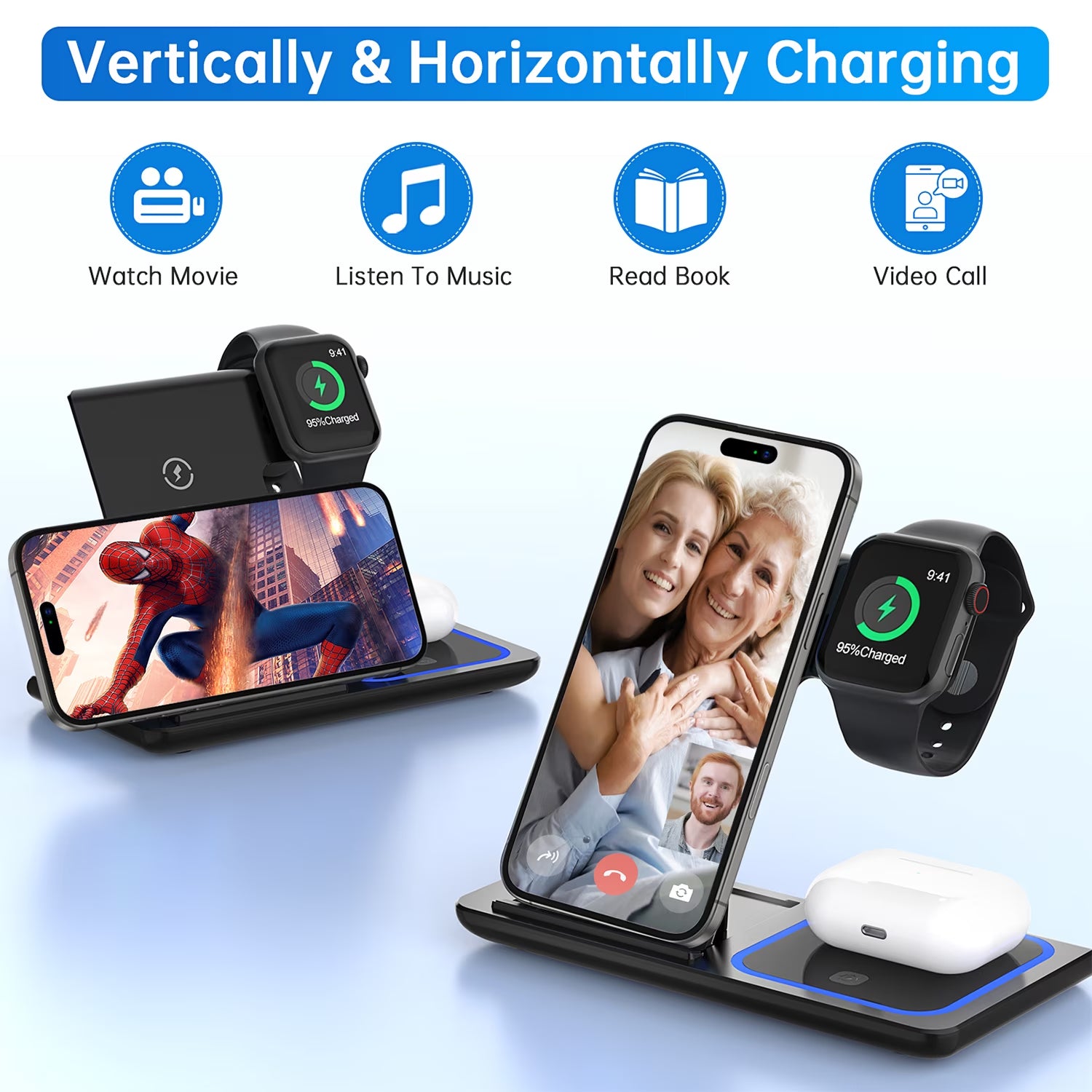 Wireless Charger, 18W Fast Iphone Charging Station Compatible for Iphone 17/16/15/14/13/12/11/Pro Max/Plus, 3 in 1 Wireless Charger Stand for Iwatch SE 11/10/9/8/7/6/5/4, Airpods Pro 2/3/4