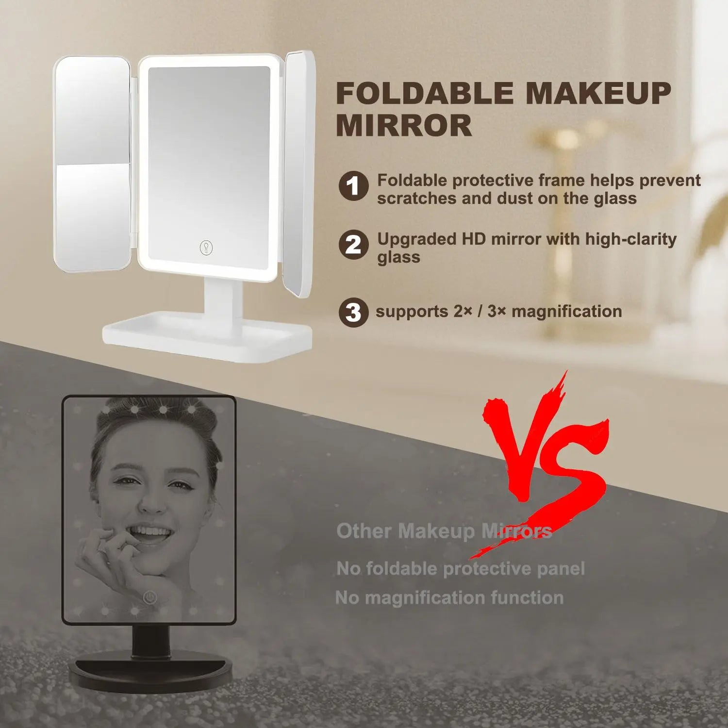 Summervibes【Mothersdaygift】Foldable LED Makeup Mirror, 3 Light Modes, 2X/3X HD Magnification, Touch Dimmable, 360° Rotatable, Portable Vanity Mirror, Exquisite Gift Box, Ideal Mother'S Day Gift for Mom