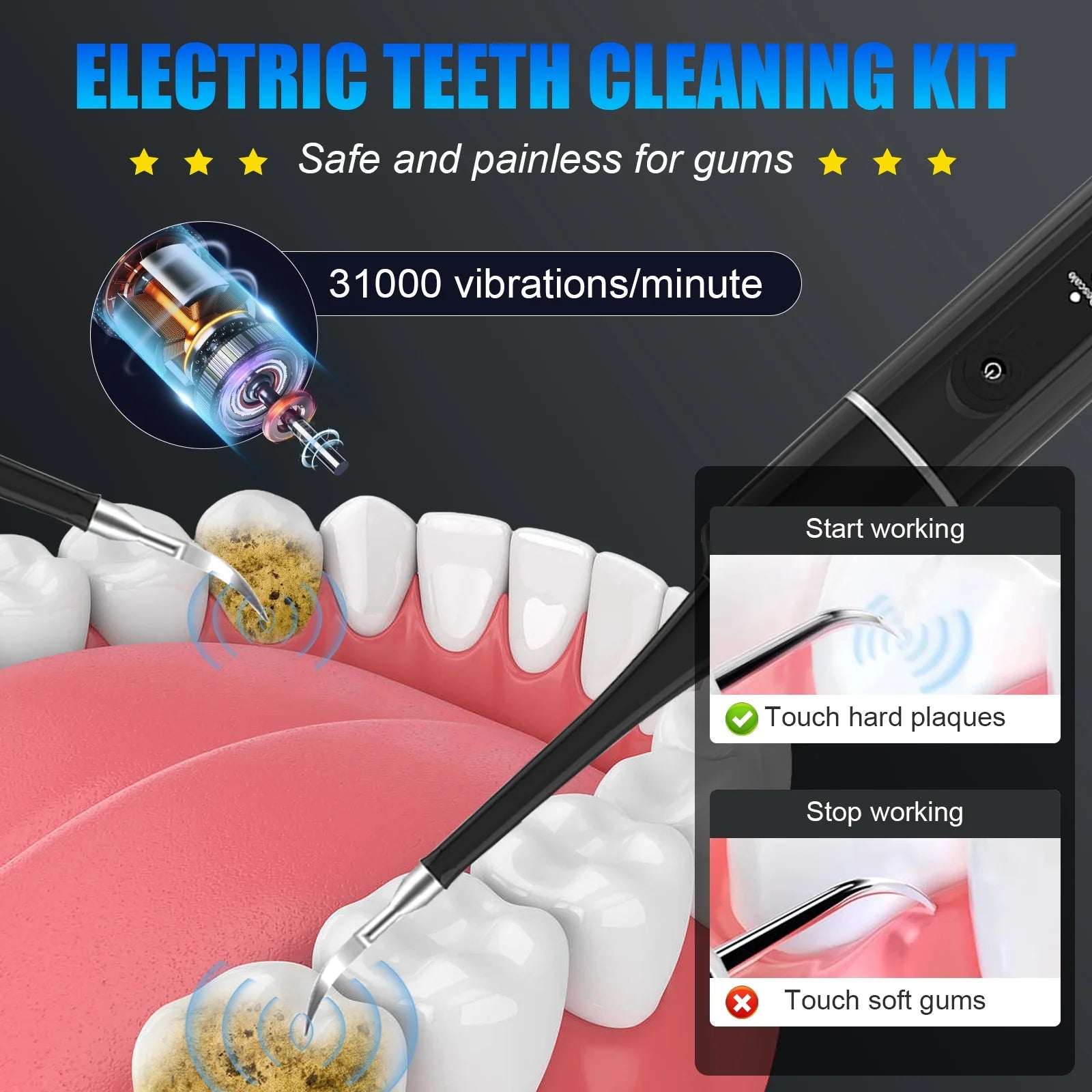 Electric Dental Calculus Remover for Adult Kids -  Dental Calculus Remover Teeth Cleaning Kit with 6 Adjustable Modes, Black