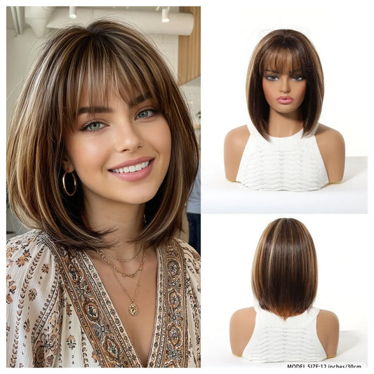 Natural Ombre Brown Highlight Bob Wig with Air Bangs Short Straight Synthetic Full Head Wig for Stylish Looks Tiktokshopspringglowup,Summervibes