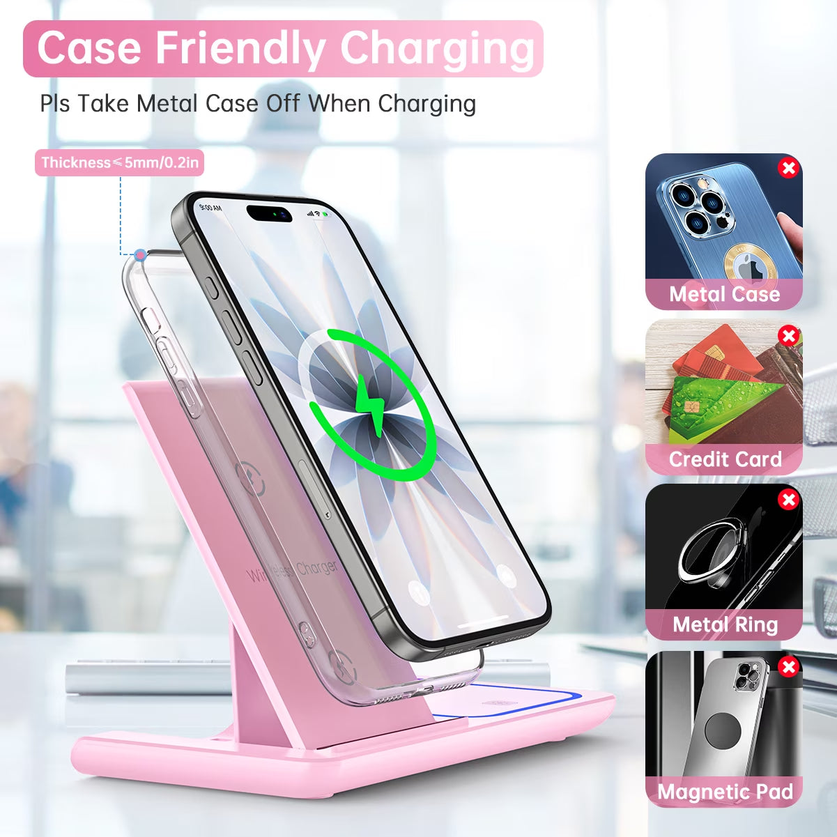Wireless Charger, 18W 3 in 1 Wireless Charging Station for Iphone 17 16E 15 14 13 12 Pro, Fast Charger Stand for Iwatch SE 9-11 6-8 2-5, Airpods 4/3/2/Pro, Samsung Galaxy Seires (Pink)