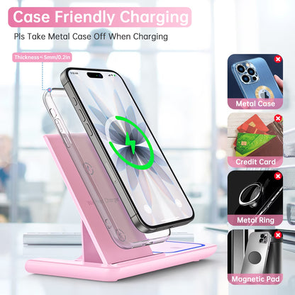 Wireless Charger, 18W 3 in 1 Wireless Charging Station for Iphone 17 16E 15 14 13 12 Pro, Fast Charger Stand for Iwatch SE 9-11 6-8 2-5, Airpods 4/3/2/Pro, Samsung Galaxy Seires (Pink)