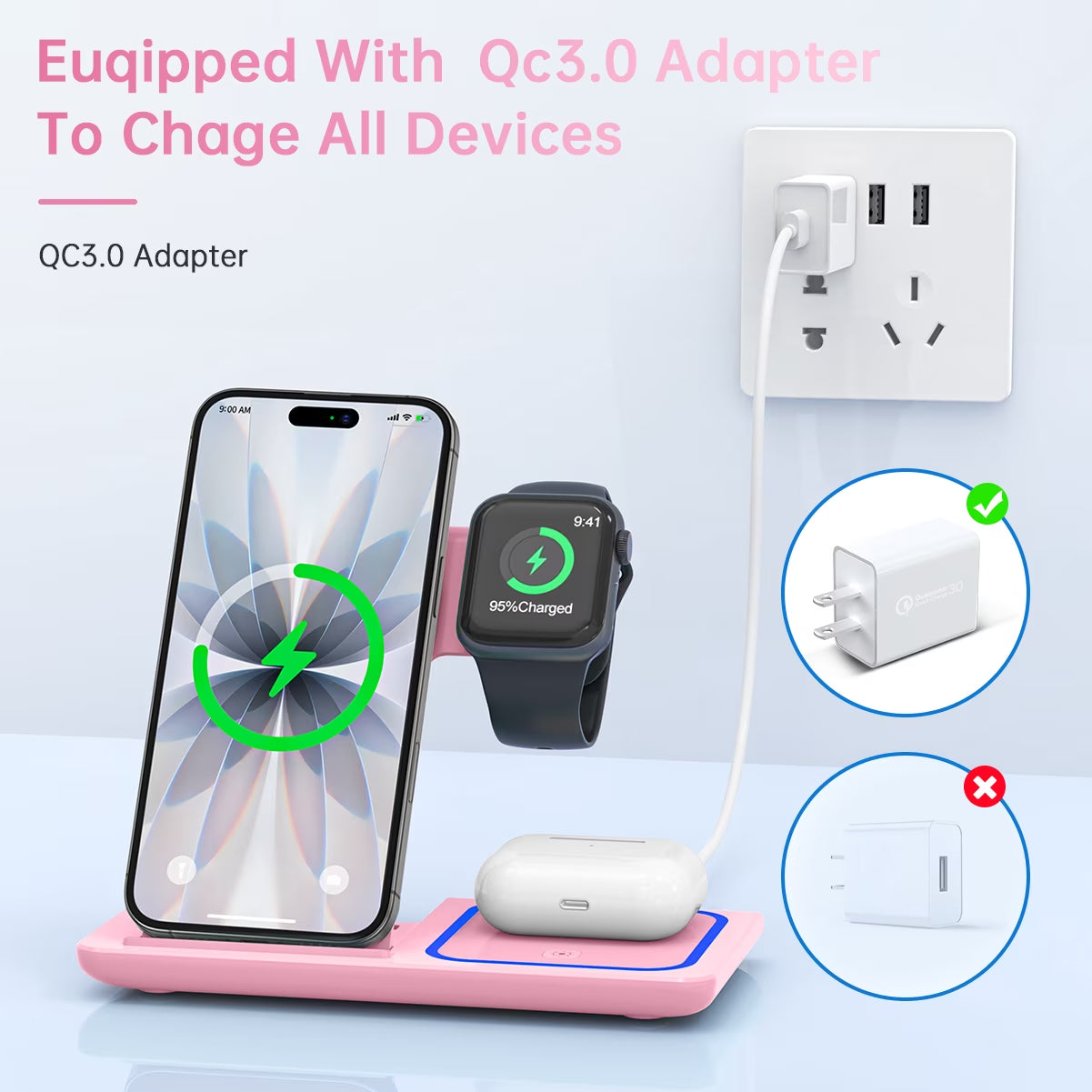 Wireless Charger, 18W 3 in 1 Wireless Charging Station for Iphone 17 16E 15 14 13 12 Pro, Fast Charger Stand for Iwatch SE 9-11 6-8 2-5, Airpods 4/3/2/Pro, Samsung Galaxy Seires (Pink)