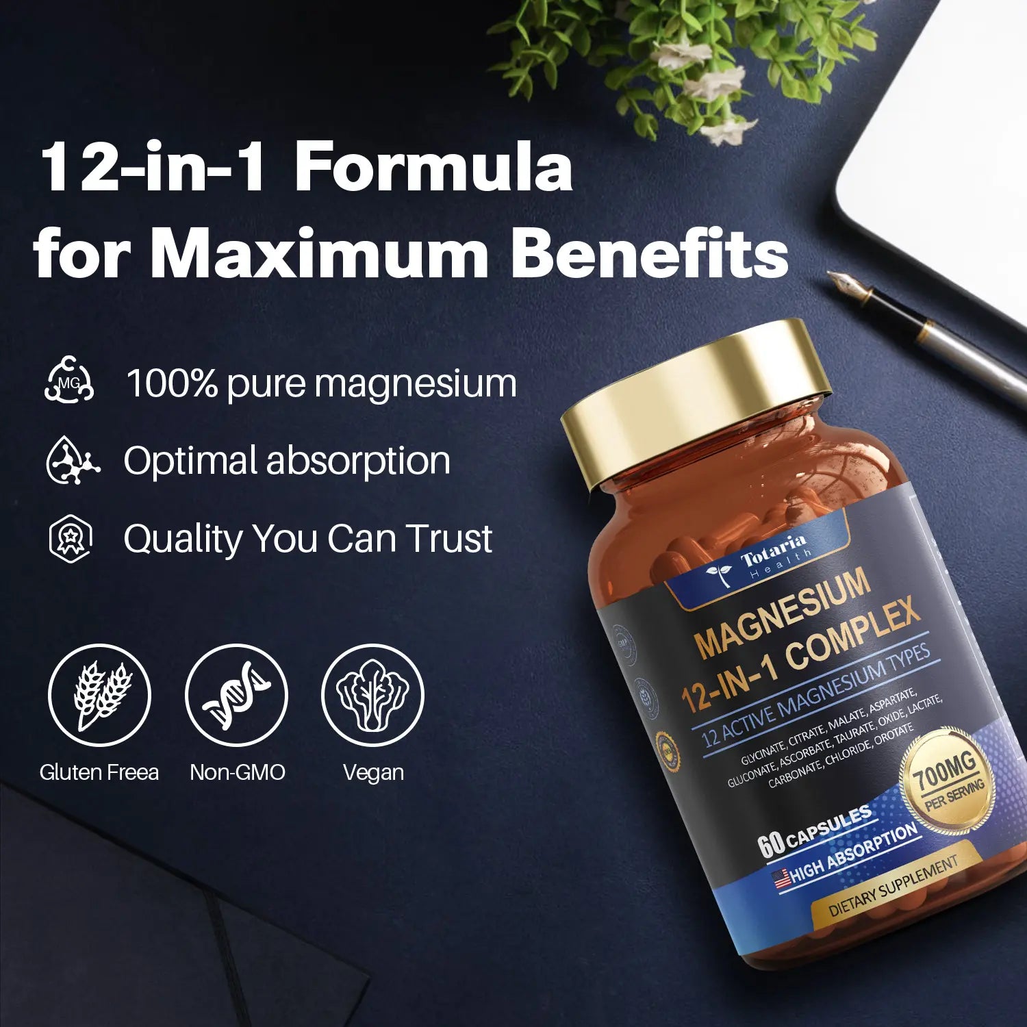 Totaria Nature Magnesium 12-In-1 Complex 700Mg - 60 Vegan Capsules for Muscle Heart & Relaxation Support High Absorbable Blend of 12 Chelates Dietary Supplement