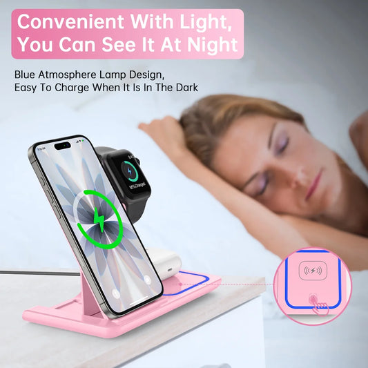 Wireless Charger, 18W 3 in 1 Wireless Charging Station for Iphone 17 16E 15 14 13 12 Pro, Fast Charger Stand for Iwatch SE 9-11 6-8 2-5, Airpods 4/3/2/Pro, Samsung Galaxy Seires (Pink)