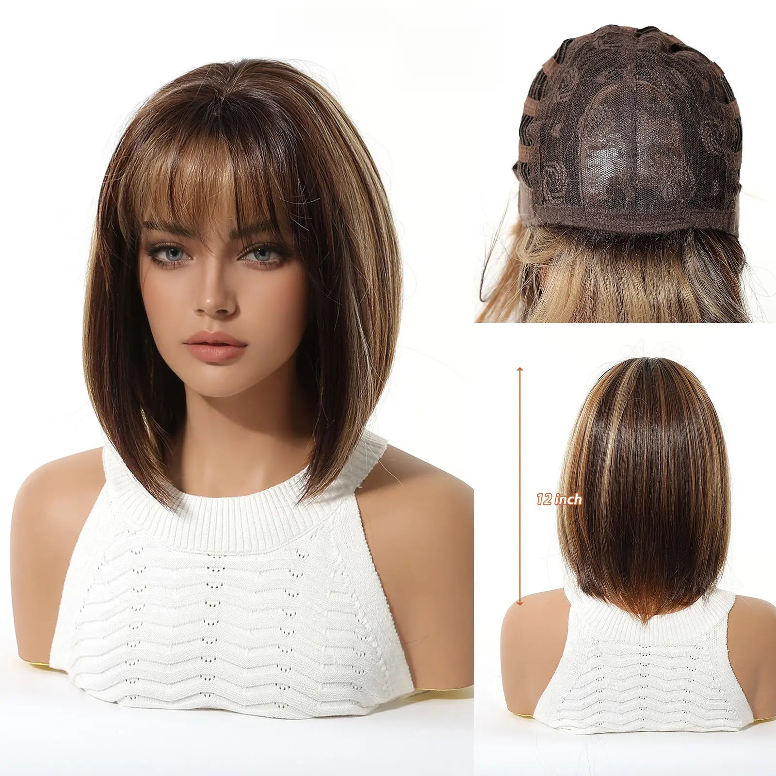 Natural Ombre Brown Highlight Bob Wig with Air Bangs Short Straight Synthetic Full Head Wig for Stylish Looks Tiktokshopspringglowup,Summervibes