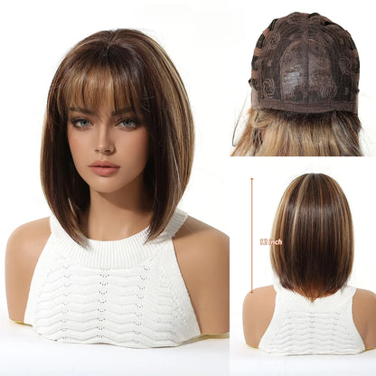 Natural Ombre Brown Highlight Bob Wig with Air Bangs Short Straight Synthetic Full Head Wig for Stylish Looks Tiktokshopspringglowup,Summervibes