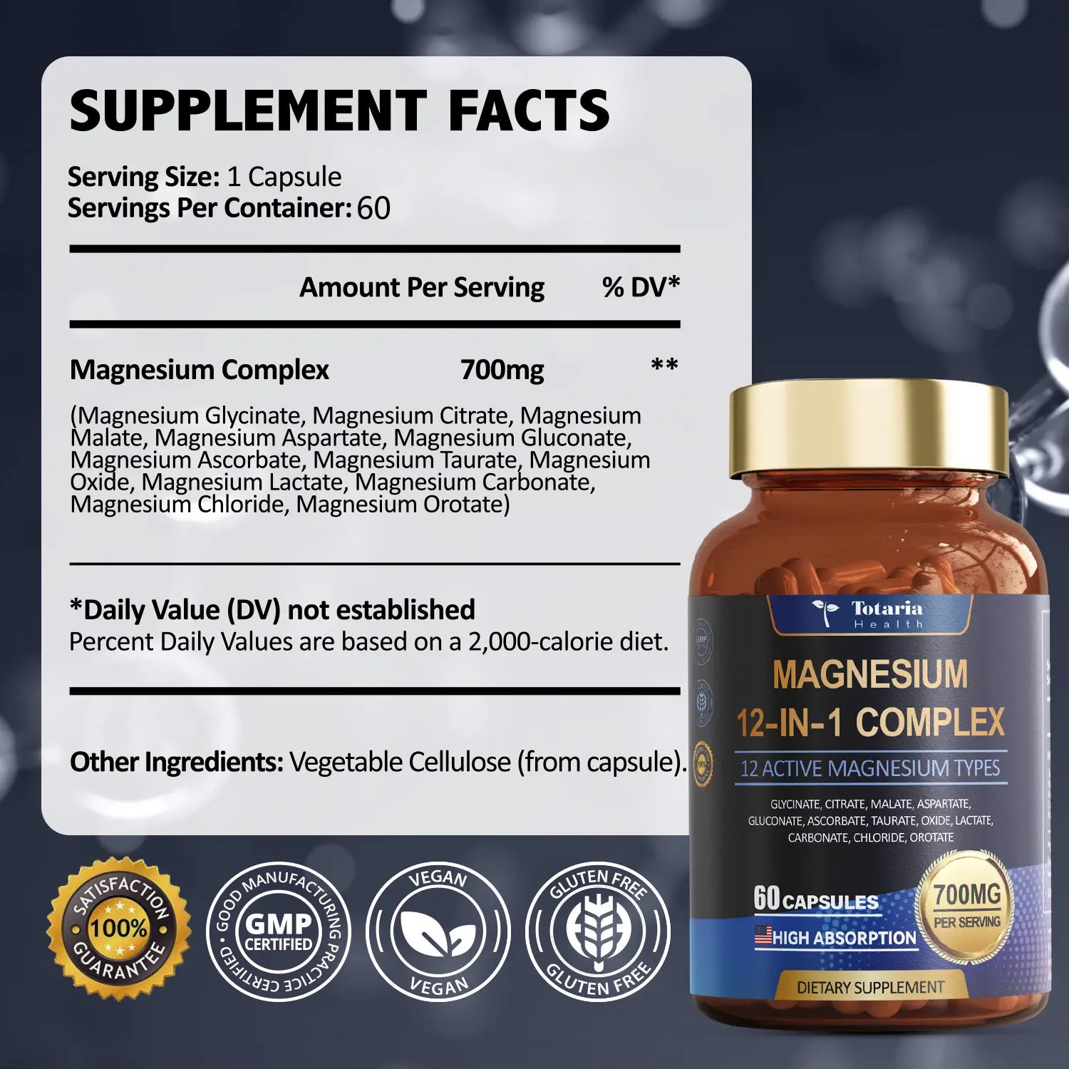 Totaria Nature Magnesium 12-In-1 Complex 700Mg - 60 Vegan Capsules for Muscle Heart & Relaxation Support High Absorbable Blend of 12 Chelates Dietary Supplement