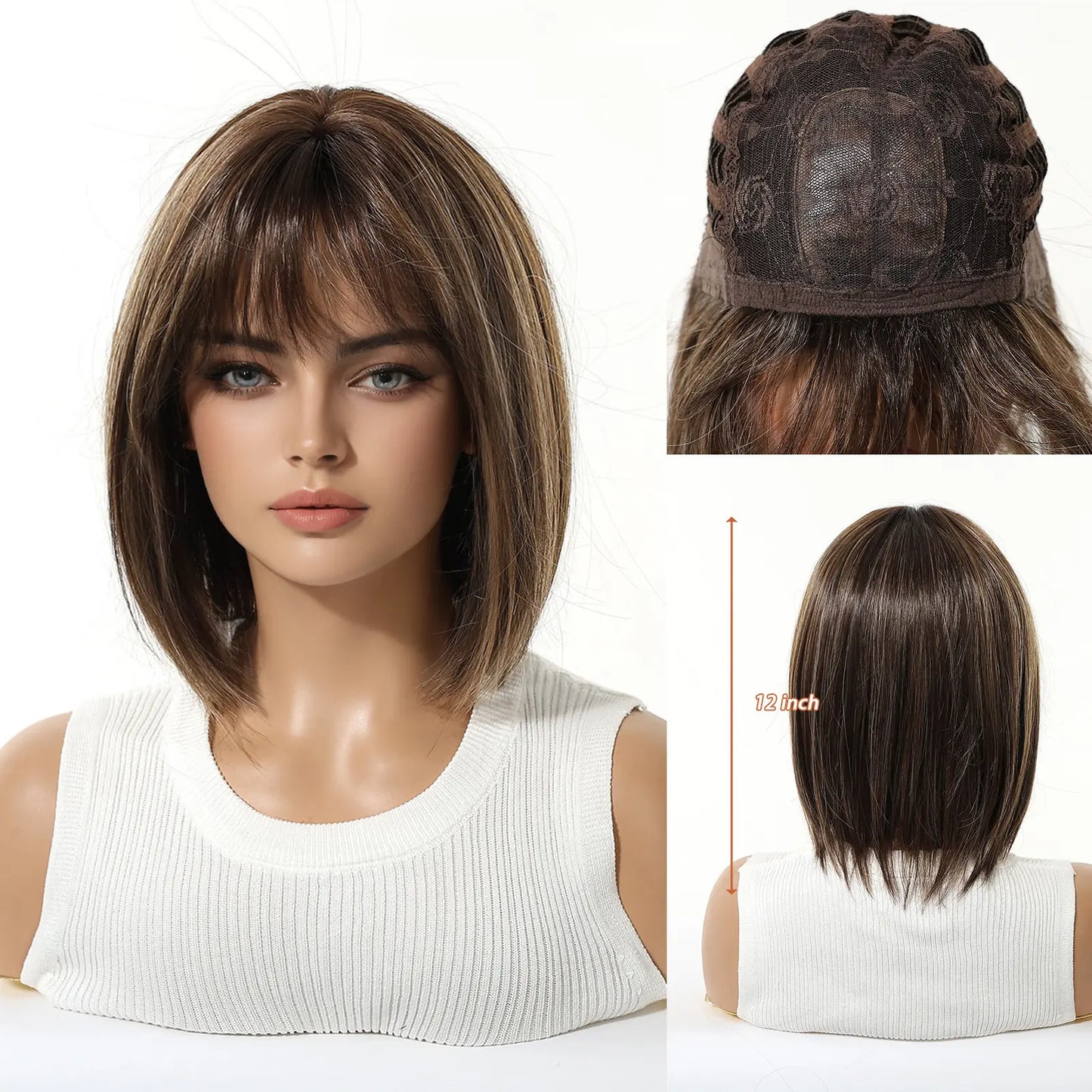 Natural Ombre Brown Highlight Bob Wig with Air Bangs Short Straight Synthetic Full Head Wig for Stylish Looks Tiktokshopspringglowup,Summervibes