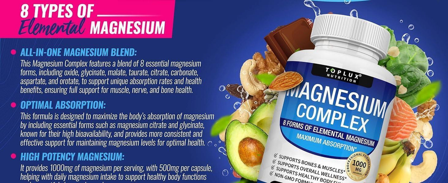 Nutrition Magnesium Complex 1000Mg Elemental 9-In-1 High Absorption Blend W Glycinate Citrate Malate 90 Vegan Capsules for Bone Muscle Health Supplement - Healthcare