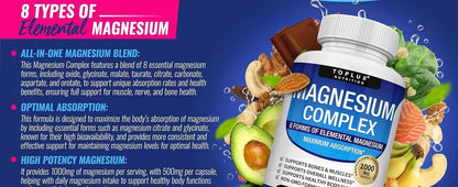 Nutrition Magnesium Complex 1000Mg Elemental 9-In-1 High Absorption Blend W Glycinate Citrate Malate 90 Vegan Capsules for Bone Muscle Health Supplement - Healthcare
