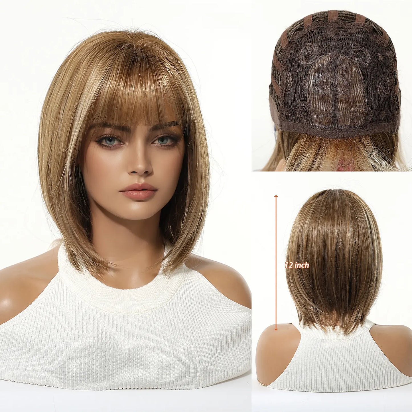 Natural Ombre Brown Highlight Bob Wig with Air Bangs Short Straight Synthetic Full Head Wig for Stylish Looks Tiktokshopspringglowup,Summervibes