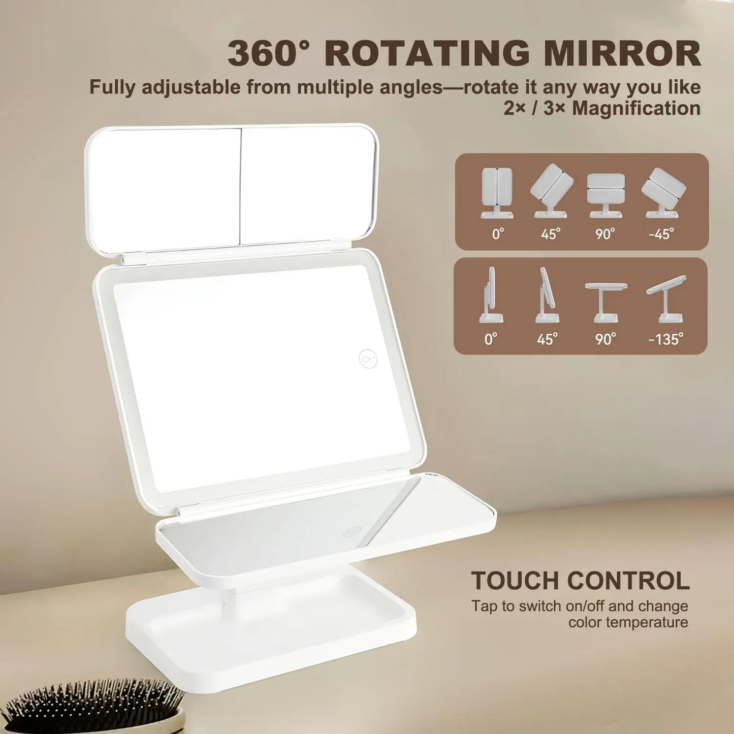Summervibes【Mothersdaygift】Foldable LED Makeup Mirror, 3 Light Modes, 2X/3X HD Magnification, Touch Dimmable, 360° Rotatable, Portable Vanity Mirror, Exquisite Gift Box, Ideal Mother'S Day Gift for Mom