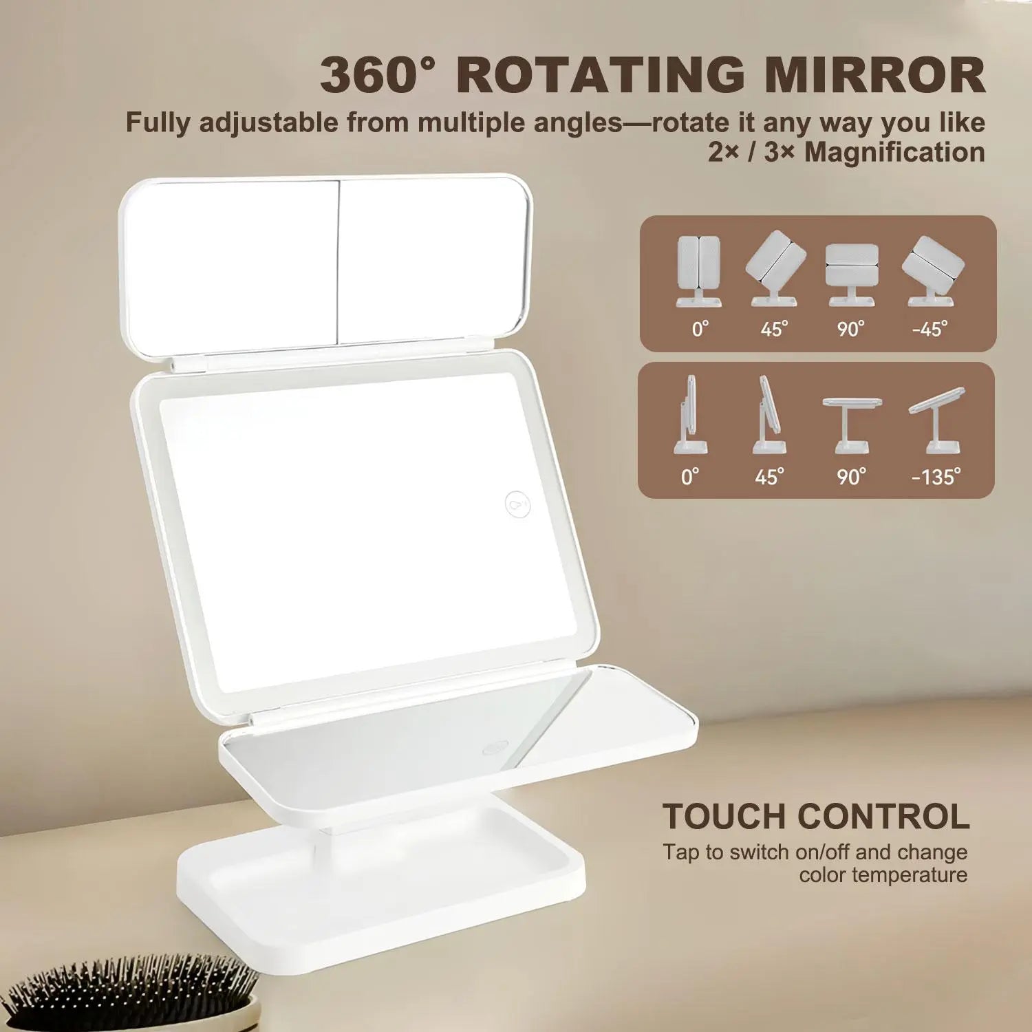 Summervibes【Mothersdaygift】Foldable LED Makeup Mirror, 3 Light Modes, 2X/3X HD Magnification, Touch Dimmable, 360° Rotatable, Portable Vanity Mirror, Exquisite Gift Box, Ideal Mother'S Day Gift for Mom
