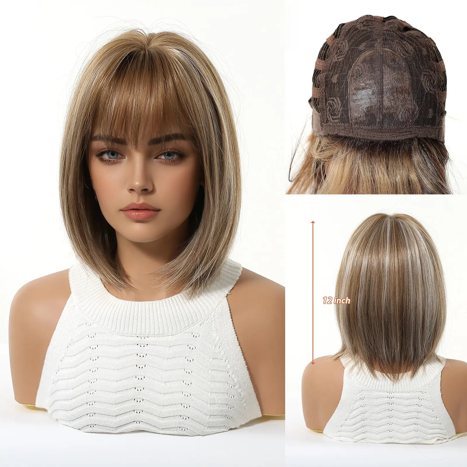 Natural Ombre Brown Highlight Bob Wig with Air Bangs Short Straight Synthetic Full Head Wig for Stylish Looks Tiktokshopspringglowup,Summervibes